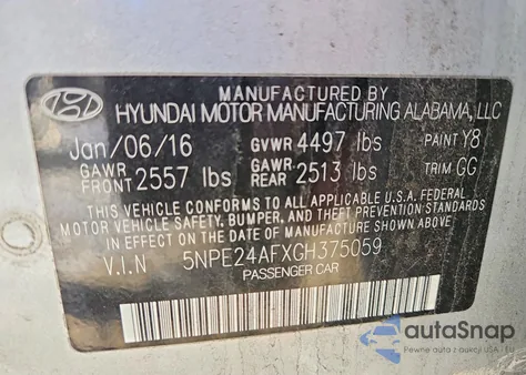 2016 Hyundai Sonata Se z USA, uszkodzony, nr VIN 5NPE24AFXGH375059